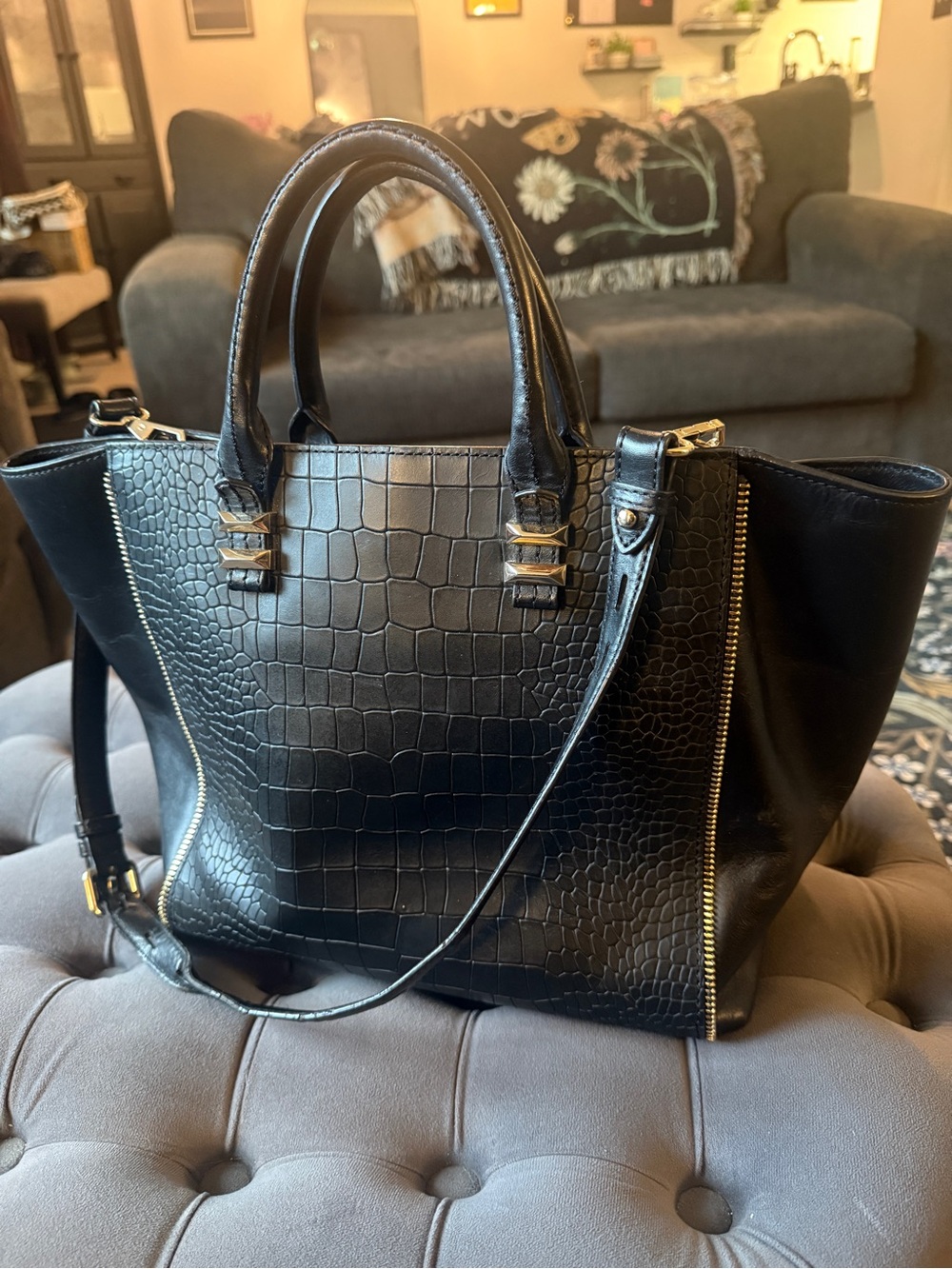 Rebecca Minkoff Mini Perry Tote black croc embossed leather